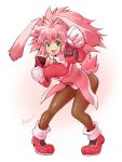  1girl :d animal_ears brown_bodysuit bunny_tail clenched_hand covered_navel dated elbow_gloves fang full_body gloves green_eyes long_hair looking_at_viewer open_mouth panties pink_footwear pink_hair rabbit_ears saichi_(artist) seraphita_(xenogears) shoes signature simple_background smile solo tail underwear white_background white_gloves white_panties xenogears 