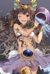  1girl armlet bracelet brown_hair eyebrows_visible_through_hair gradient gradient_background holding jewelry long_hair looking_at_viewer mole mole_under_mouth navel one_eye_closed open_mouth original pinb red_eyes skirt smile solo water 