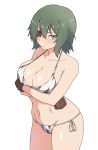  1girl absurdres bare_arms bare_shoulders bikini blush breast_hold breasts brown_gloves cleavage closed_mouth collarbone cowboy_shot crossed_arms eyebrows_visible_through_hair eyepatch gloves green_eyes green_hair groin hair_between_eyes highres kantai_collection kiso_(kantai_collection) large_breasts looking_at_viewer navel nikonikosiro no_hat no_headwear one_eye_covered print_bikini ribbon shiny shiny_skin shoes short_hair side-tie_bikini simple_background solo standing stomach swimsuit thighs tsurime v-shaped_eyebrows white_background white_bikini white_ribbon 
