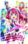  5girls aria_the_melodious_diva baton blue_eyes blue_skin breasts canon_the_melodious_diva dress duel_disk duel_monster goggles goggles_on_eyes green_hair hiiragi_yuzu long_hair mozarta_the_melodious_maestra multiple_girls necktie pink_hair pink_skin purple_hair silver_skin skirt smile sonata_the_melodious_diva thigh-highs twintails yellow_skin yu-gi-oh! yuu-gi-ou_arc-v 