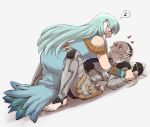  2girls armor barefoot blue_dress blue_hair dl dress female_my_unit_(fire_emblem_if) fire_emblem fire_emblem:_rekka_no_ken fire_emblem_heroes fire_emblem_if heart licking_lips long_hair lying multiple_girls musical_note my_unit_(fire_emblem_if) ninian on_back pinned pointy_ears simple_background smile spoken_musical_note toes tongue tongue_out white_background yuri 