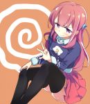  1girl black_legwear blush girlish_number hair_ornament karasuma_chitose_(girlish_number) long_hair looking_at_viewer open_mouth orange_background purple_hair purple_skirt ramu_(taka1995) simple_background sitting skirt smile solo thigh-highs violet_eyes 