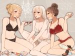  3girls arm_support axis_powers_hetalia bangs black_bra black_panties blonde_hair blue_eyes bow bow_bra bow_panties bra breasts brown_bra brown_hair brown_panties brown_shorts brush chandelier character_request cleavage closed_mouth english eyebrows_visible_through_hair facial_scar france_(hetalia) frown genderswap genderswap_(mtf) green_eyes hair_bun hand_mirror hashtag heart holding lace lace-trimmed_bra leaning_forward leg_hug lipstick long_hair looking_at_another makeup medium_breasts mirror multiple_girls nail_polish navel ninonuko one_eye_closed open_mouth panties prussia_(hetalia) red_bra red_lipstick red_nails red_panties scar scar_on_cheek short_hair short_shorts shorts sitting smile spain_(hetalia) string_panties striped sweatdrop swept_bangs underwear underwear_only unzipped vertical-striped_bra vertical-striped_panties vertical_stripes violet_eyes wariza white_hair yokozuwari 