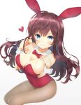  1girl :3 animal_ears bangs blue_eyes blush bow bowtie breasts brown_hair bunny_girl bunnysuit cleavage covered_navel detached_collar eyebrows_visible_through_hair fishnet_pantyhose fishnets hand_on_own_chest happiness_lilys heart hips ichinose_shiki idolmaster idolmaster_cinderella_girls large_breasts leotard long_hair looking_at_viewer pantyhose rabbit_ears red_leotard simple_background smile solo thighs wavy_hair white_background wrist_cuffs 