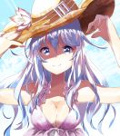  1girl blue_eyes blue_sky breasts cleavage clouds darou74 dress eyebrows_visible_through_hair flower hair_between_eyes hand_on_headwear hat hibiki_(kantai_collection) highres kantai_collection large_breasts looking_at_viewer older outdoors shadow silver_hair sky smile solo straw_hat sun_hat 