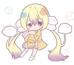  1girl :d absurdly_long_hair animal_print bangs blonde_hair blush bunny_print chibi closed_mouth cloud_print clouds commentary_request eyebrows_visible_through_hair full_body gradient_hair hair_between_eyes long_hair long_sleeves looking_at_viewer mahou_shoujo_ikusei_keikaku multicolored_hair nemurin open_mouth pajamas pillow pillow_hug print_pajamas print_shirt purple_hair rinechun shirt simple_background sleeves_past_fingers sleeves_past_wrists smile socks solo standing standing_on_one_leg twintails twitter_username very_long_hair violet_eyes white_background white_legwear yellow_pajamas yellow_shirt 