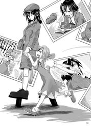  2girls cabbie_hat cirno eating food geta graphite_(medium) greyscale hand_holding hat height_difference highres mary_janes monochrome multiple_girls onigiri page_number photo_(object) shameimaru_aya shoes short_hair smile tengu-geta touhou traditional_media v wings yrjxp065 