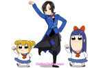  1boy 2girls aoi_shouta bangs black_hair blue_eyes blue_hair blue_jacket blunt_bangs boots bow dancing hair_bow jacket jewelry long_hair multiple_girls necklace orange_hair pipimi poptepipic popuko real_life red_bow school_uniform serafuku short_twintails simple_background smile standing standing_on_one_leg twintails white_background yellow_eyes yurichika_(pixiv3221904) 