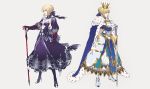  1girl armor armored_dress artoria_pendragon_(all) bangs blonde_hair blue_dress blue_ribbon boots braid breasts cape clenched_hand commentary_request crossed_arms dark_excalibur dress ears_visible_through_hair eyebrows_visible_through_hair facing_to_the_side fate/stay_night fate_(series) full_body gauntlets greaves green_eyes grey_background hair_between_eyes hair_bun hair_ribbon hand_on_hilt hands_on_hilt high_heel_boots high_heels highres legs_apart looking_at_viewer medium_breasts multicolored multicolored_cape multicolored_clothes multicolored_footwear multiple_views parted_lips puffy_sleeves ribbon saber saber_alter simple_background standing sword tenobe weapon white_background yellow_eyes 