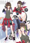  1girl armband armpits arms_up bag ball bangs bare_shoulders basketball basketball_uniform bike_shorts black_bra black_shorts blush bra breasts brown_eyes brown_hair camouflage_tank_top character_name closed_mouth clothes_around_waist clothes_pull collarbone commentary eyebrows_visible_through_hair floating_hair girls_frontline gloves green_hair hair_between_eyes half-closed_eyes hand_in_pocket headphones highres holding holding_ball holding_strap jacket ladic long_hair long_sleeves looking_away m4a1_(girls_frontline) miniskirt multicolored_hair multiple_views nike no_socks open_mouth plaid plaid_shirt purple_hair running shirt shirt_around_waist shirt_lift shoes shorts side_ponytail sidelocks simple_background single_glove skirt small_breasts sneakers sony sports_bag sportswear strap streaked_hair sweat sweatdrop tank_top teal_skirt thighs underwear walkman white_background wristband 