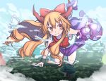  1girl bangs blush bow closed_mouth commentary_request day eyebrows_visible_through_hair furorina giantess gourd hair_bow holding horn_bow horns ibuki_suika long_hair nature orange_eyes orange_hair outdoors purple_bow purple_skirt red_bow sidelocks skirt sleeveless smile solo touhou tree 