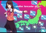  1girl :d black_skirt blue_umbrella brown_eyes forecast gradient gradient_background japan long_skirt looking_at_viewer medium_hair news news_channel open_mouth original over_shoulder parasol pink_background pointer purple_background red_neckwear ryokucha_michi skirt smile solo standing umbrella weather 
