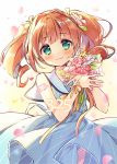  1girl birthday blue_dress blush bouquet closed_mouth commentary_request dress drill_hair eyebrows_visible_through_hair flower green_eyes idolmaster idolmaster_(classic) looking_at_viewer medium_hair orange_hair petals smile solo suimya takatsuki_yayoi thighs twin_drills twintails 