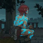  1boy arthur_asa bare_back blue_eyes dungeons_and_dragons elf highres muscle pointy_ears redhead short_hair sitting tattoo 
