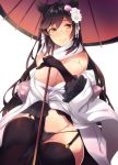  1girl animal_ears atago_(azur_lane) azur_lane bare_shoulders between_legs black_gloves black_hair black_legwear black_panties blush breasts brown_eyes cleavage closed_mouth flower frilled_sleeves frills garter_straps gloves hair_flower hair_ornament hand_between_legs japanese_clothes kimono large_breasts long_hair looking_at_viewer open_clothes open_kimono oriental_umbrella panties shimakaze simple_background sitting smile solo thigh-highs umbrella underwear very_long_hair white_background white_kimono 