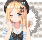  1girl abigail_williams_(fate/grand_order) bangs bare_shoulders beret black_bow black_hat blonde_hair blue_bow blue_eyes blue_shirt blush bow collarbone commentary_request eyebrows_visible_through_hair fate/grand_order fate_(series) food food_on_face hands_up hat highres holding holding_food ice_cream ice_cream_cone ice_cream_on_face long_hair looking_at_viewer mola_mola one_eye_closed parted_bangs plaid plaid_background shirt sleeveless sleeveless_shirt solo tongue tongue_out white_bow 