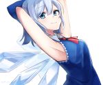  1girl armpits arms_behind_head arms_up blue_bow blue_eyes blue_hair bow breasts cirno closed_mouth collar commentary_request eyebrows_visible_through_hair hair_between_eyes hair_bow ice ice_wings kuroda_(chokobo_314) looking_at_viewer red_neckwear short_hair sleeveless smile solo touhou twitter_username upper_body white_background wings 