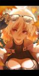  1girl blonde_hair breasts cleavage cleavage_cutout collar dishwasher1910 eyewear_on_head eyewear_removed leaf leaves_in_wind prosthesis prosthetic_arm red_eyes rwby short_hair solo sunglasses turtleneck yang_xiao_long 