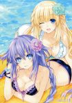  2girls absurdres bangs bikini blonde_hair blue_eyes braid breasts butt_crack cleavage collarbone day eyebrows_visible_through_hair frills hair_ornament highres large_breasts looking_at_viewer lying multiple_girls neptune_(series) on_stomach one_eye_closed open_mouth outdoors purple_hair purple_heart scan smile swimsuit tsunako twin_braids twintails vert violet_eyes water 