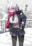  ahoge blush breasts commentary fate/grand_order fate_(series) hand_in_pocket highres jeanne_d&#039;arc_(alter)_(fate) jeanne_d&#039;arc_(fate)_(all) large_breasts pantyhose scarf school_uniform short_hair silver_hair snowing uniform yellow_eyes 