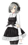  1girl arm_across_waist arm_at_side bangs black_dress black_legwear blue_eyes blush bow_dress breasts closed_mouth collared_shirt dress frilled_dress frills hair_ornament hair_over_one_eye hairclip hamakaze_(kantai_collection) hand_on_own_arm headdress highres kantai_collection long_sleeves looking_at_viewer medium_breasts pantyhose retorillo shirt short_hair sidelocks signature silver_hair simple_background sleeves_past_wrists solo standing striped striped_shirt white_background 