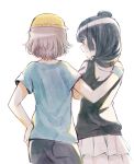  2girls arm_around_shoulder bangs black_hair black_shirt blue_shirt crossed_arms faux_traditional_media from_behind hair_over_shoulder hand_on_hip hat long_hair love_live! love_live!_sunshine!! low-tied_long_hair multiple_girls pants ranan shirt short_hair side_bun simple_background skirt t-shirt tsushima_yoshiko watanabe_you white_background white_skirt wristband yellow_hat 