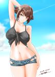  1girl artist_name breasts brown_hair cleavage collarbone dated day flipped_hair green_eyes grey_tank_top hand_behind_head highres kantai_collection kiriki_haruomi large_breasts looking_at_viewer midriff mutsu_(kantai_collection) navel outdoors shirt short_shorts shorts skindentation smile solo tied_shirt torn_clothes torn_shorts upper_body 