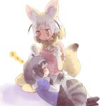  +_+ 2girls animal_ears black_hair blonde_hair blush bow bowtie breast_pocket closed_eyes common_raccoon_(kemono_friends) elbow_gloves eyebrows_visible_through_hair fang fennec_(kemono_friends) fox_ears fox_tail gloves grey_hair hasu_(zatsugami) highres kemono_friends lap_pillow multicolored_hair multiple_girls open_mouth pantyhose pocket puffy_short_sleeves puffy_sleeves raccoon_ears raccoon_tail seiza short_hair short_sleeves sitting sleeping sweater tail thigh-highs zzz 