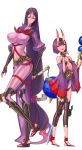  2girls absurdres bodysuit breasts closed_mouth fangs fate/grand_order fate_(series) full_body hair_ornament highres holding holding_weapon horns huge_breasts katana kumo955 large_breasts long_hair looking_down looking_up minamoto_no_raikou_(fate/grand_order) multiple_girls purple_bodysuit purple_hair rope short_hair shuten_douji_(fate/grand_order) small_breasts standing sword very_long_hair violet_eyes weapon 