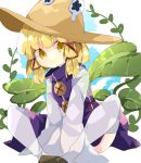  1girl :&lt; bangs blonde_hair blunt_bangs brown_footwear brown_hat buttons hair_ribbon hat highres leaf looking_at_viewer miniskirt moriya_suwako nikorashi-ka purple_skirt red_ribbon ribbon shoes sidelocks sitting skirt sleeves_past_wrists solo thigh-highs touhou tress_ribbon turtleneck white_legwear wide_sleeves yellow_eyes 