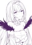  1girl bangs bare_shoulders blush breasts caster_(lostbelt) closed_mouth detached_sleeves dress eyebrows_visible_through_hair fate/grand_order fate_(series) fur-trimmed_sleeves fur_trim headpiece jewelry long_hair long_sleeves looking_at_viewer monochrome ribbon sketch solo standing strapless strapless_dress tiara upper_body wide_sleeves 
