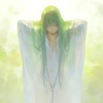  androgynous arms_behind_head bangs black_neckwear closed_eyes collarbone enkidu_(fate/strange_fake) eyebrows_visible_through_hair fate/grand_order fate/strange_fake fate_(series) feet_out_of_frame green_hair kanmuri_(hanyifan30338) long_hair robe see-through shiny shiny_hair smile straight_hair white_robe 