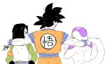  3boys =3 alien android_17 annoyed artist_name azu_(kirara310) back_turned belt black_hair blue_eyes commentary_request crossed_arms dougi dragon_ball dragon_ball_super dragonball_z frieza hands_on_another&#039;s_shoulder height_difference long_sleeves looking_at_another male_focus multiple_boys muscle open_mouth pants short_hair simple_background son_gokuu spiky_hair tail team white_background wristband 