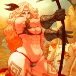  1girl abs amazon_(dragon&#039;s_crown) armlet arthur_asa axe biceps bikini blonde_hair breasts dragon&#039;s_crown feathers gloves green_eyes long_hair muscle muscular_female swimsuit thick_thighs thighs 