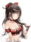  1girl bare_shoulders black_hair breasts character_request cleavage collarbone commentary_request copyright_request grey_eyes hair_twirling long_hair looking_at_viewer medium_breasts melynx_(user_aot2846) ponytail simple_background solo upper_body white_background 