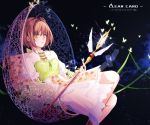  1girl butterfly card_captor_sakura clear_card closed_mouth corset dress english expressionless floral_print green_eyes highres insect kinomoto_sakura looking_at_viewer ribbon short_hair sitting solo staff white_dress yume_no_tsue 