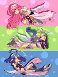  3girls ahoge angel_wings artist_request azriel_(no_game_no_life) blue_hair blush commentary_request crop_top feathered_wings gloves green_hair hair_over_one_eye halo highres jibril_(no_game_no_life) long_hair low_wings magic_circle midriff multicolored multicolored_eyes multiple_girls navel no_game_no_life open_mouth orange_eyes pink_hair raphael_(no_game_no_life) short_hair tattoo torn_clothes very_long_hair white_wings wing_ears wings yellow_eyes younger 