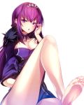  1girl bare_shoulders barefoot breasts cape caster_(lostbelt) cleavage fate/grand_order fate_(series) feet highres long_hair looking_at_viewer open_mouth purple_hair silly_(marinkomoe) simple_background soles solo toes very_long_hair violet_eyes white_background 