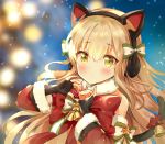  1girl animal_ears bangs bell black_gloves blonde_hair blurry blurry_background blush bow cat_ear_headphones cat_ears cat_girl cat_tail closed_mouth commentary depth_of_field detached_sleeves eyebrows_visible_through_hair fingerless_gloves fur-trimmed_sleeves fur_trim girls_frontline gloves green_eyes hair_between_eyes hair_bow hands_up headphones heart heart_hands long_hair long_sleeves looking_at_viewer melings_(aot2846) red_bow red_sleeves solo striped striped_bow tail tail_raised tmp_(girls_frontline) upper_body very_long_hair 