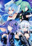  4girls absurdres armpits arms_up bangs bare_shoulders black_heart breasts cleavage cleavage_cutout eyebrows_visible_through_hair flat_chest green_hair green_heart hair_ornament highres kami_jigen_game_neptune_v large_breasts long_hair looking_at_viewer looking_back multiple_girls neptune_(series) official_art open_mouth parted_lips ponytail power_symbol purple_hair purple_heart red_eyes scan simple_background sleeveless smile symbol-shaped_pupils tsunako twintails violet_eyes white_hair white_heart 