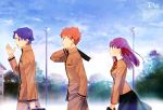  1girl 2boys absurdres black_bag black_skirt blue_eyes blue_hair blush brown_eyes brown_jacket brown_pants building cross_print day emiya_shirou fate/stay_night fate_(series) hair_ribbon highres homurahara_academy_uniform jacket lamppost magazine_request matou_sakura matou_shinji multiple_boys neck_ribbon open_mouth orange_hair outdoors pants parted_lips print_neckwear print_ribbon purple_hair red_neckwear red_ribbon ribbon school_uniform shirt skirt sky taa_(acid) talking translation_request tree violet_eyes white_shirt 