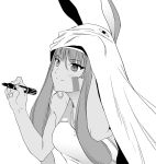  &lt;o&gt;_&lt;o&gt; 1girl bangs bed_sheet breasts cosplay dark_skin earrings eyebrows_visible_through_hair facepaint facial_mark fate/grand_order fate_(series) hair_between_eyes highres hoop_earrings jackal_ears jewelry long_hair marker medium_breasts medjed medjed_(cosplay) nitocris_(fate/grand_order) nitocris_(swimsuit_assassin)_(fate) one-piece_swimsuit sidelocks smile solo swimsuit yoshiki360 