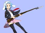  &gt;:o 1girl animal_ears aqua_hair artist_request bayonet black_blazer black_legwear blazer bolt_action buttons collared_shirt commentary_request crescent crescent_moon_pin ears_through_headwear eyebrows feet_out_of_frame finger_on_trigger flat_chest gradient_eyes gun highres holding holding_gun holding_weapon jacket leaning_back looking_at_viewer multicolored multicolored_eyes pink_skirt pleated_skirt pocket rabbit_ears red_eyes reisen rifle shirt short_hair simple_background skirt solo thigh-highs touhou weapon white_shirt wing_collar yellow_eyes zettai_ryouiki 