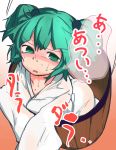  1girl bangs blush bucket commentary_request eyebrows_visible_through_hair furorina green_eyes green_hair hair_bobbles hair_ornament hot kisume short_hair solo sweat sweating_profusely touhou translation_request twintails wet wet_clothes 