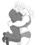  1boy 1girl bear_hug blush butterfly_storage carrying character_request comic highres holding hug husband_and_wife mini_arai muscle muscular_female ponytail radiomomo shoes shorts smile tank_top tetsuo_arai 