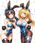  2girls adapted_costume animal_ears atago_(kantai_collection) beret black_gloves black_hair black_legwear blonde_hair blue_hat blue_leotard blush breasts bunny_girl bunny_tail bunnysuit cowboy_shot detached_collar fake_animal_ears fishnet_legwear fishnet_pantyhose fishnets gloves green_eyes hand_on_own_chest hat highleg highleg_leotard kantai_collection large_breasts leg_garter leotard long_hair looking_at_viewer mika_(1020mk) multiple_girls one_eye_closed open_mouth pantyhose rabbit_ears red_eyes short_hair smile strapless strapless_leotard tail takao_(kantai_collection) thigh-highs white_background wrist_cuffs 