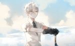  androgynous antarcticite artist_name batensan black_gloves black_neckwear blue_eyes clouds collared_shirt crystal_hair gem_uniform_(houseki_no_kuni) gloves hair_between_eyes houseki_no_kuni looking_afar necktie puffy_short_sleeves puffy_sleeves shirt short_hair short_sleeves sky sword upper_body weapon white_hair white_shirt 