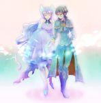  2girls artist_request breasts closed_eyes collarbone fire full_body gloves highres kagutsuchi_(xenoblade) long_hair meleph_(xenoblade) multiple_girls purple_hair reverse_trap simple_background smile uniform xenoblade_(series) xenoblade_2 yuri 