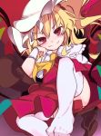  &gt;:) 1girl ascot bangs blonde_hair blush bow closed_mouth commentary_request eyebrows_visible_through_hair flandre_scarlet furorina hand_up hat looking_at_viewer mob_cap no_shoes red_bow red_eyes red_skirt short_sleeves side_ponytail sitting skirt skirt_set smile solo thigh-highs touhou v-shaped_eyebrows white_hat white_legwear 