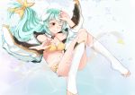  1girl absurdres air_bubble blush bubble eyebrows_visible_through_hair fate/grand_order fate_(series) green_hair highres holding_breath japanese_clothes kiyohime_(fate/grand_order) long_hair low_tied_hair one_eye_closed solo swimsuit underwater very_long_hair wanjie_sa_hua white_legwear yellow_eyes 